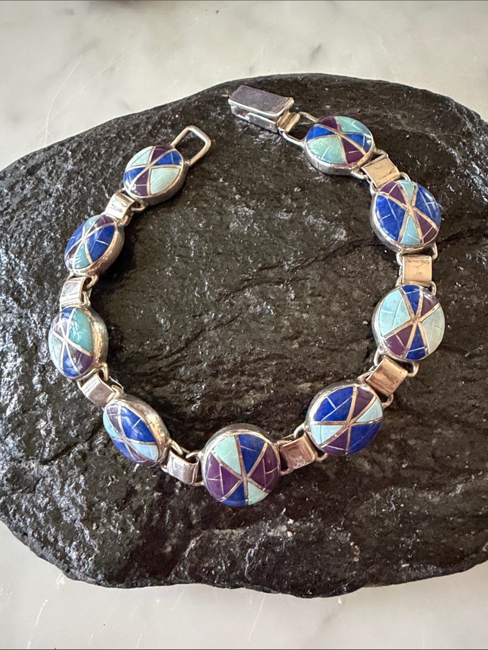Zuni Vintage Native American Inlay Link Bracelet